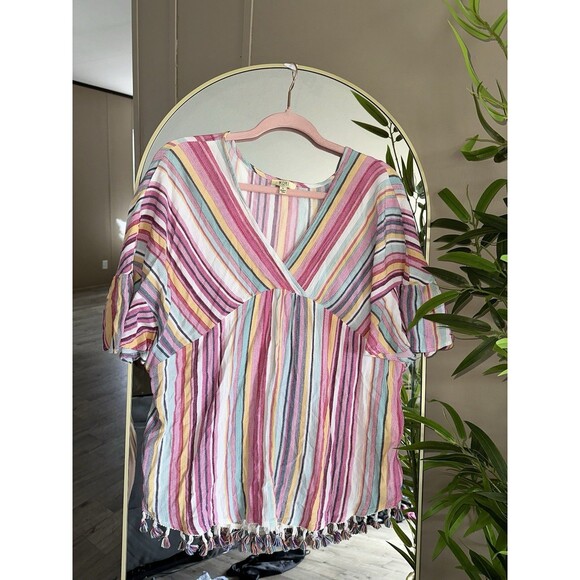 Kori America Colorful Stripe V Neck Tassel Blouse Size Large Boho - Picture 1 of 5